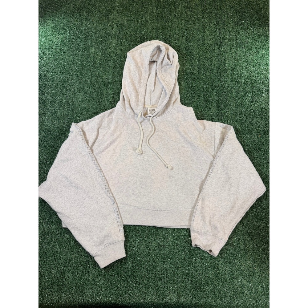 Victorias Secret Pink Gray Crop Hoodie Rhinestone Sleeves Womens L
